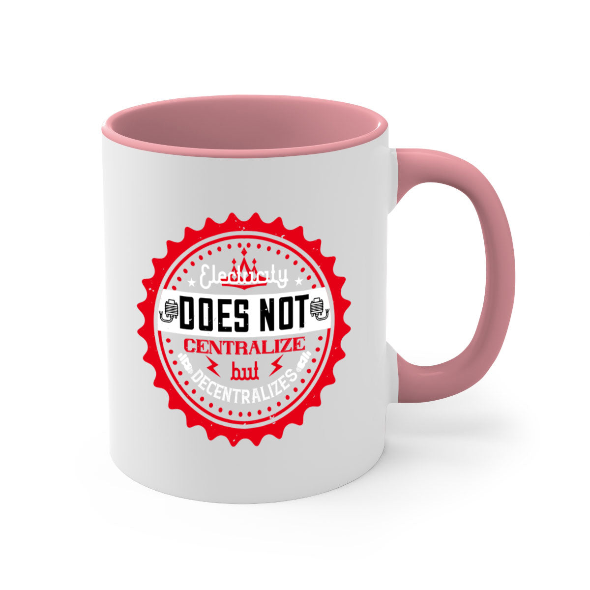 Electricity does not centralize but decentralizes Style 50# Mug featuring a glossy finish, colored handle, and interior in five vibrant colors.